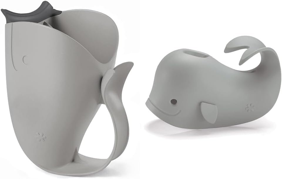 Skip Hop Baby Bath Rinse Cup, Moby Tear-Free Waterfall Rinser, Grey & Baby Bath Spout Cover, Universal Fit, Moby, Grey