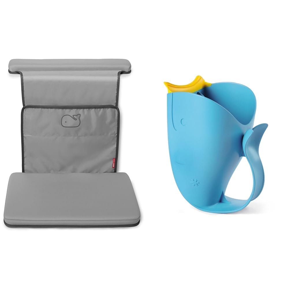 Skip Hop Baby Bath All-in-One Elbow Saver and Kneeler with Tear-Free Waterfall Rinser Cup, Grey and Blue