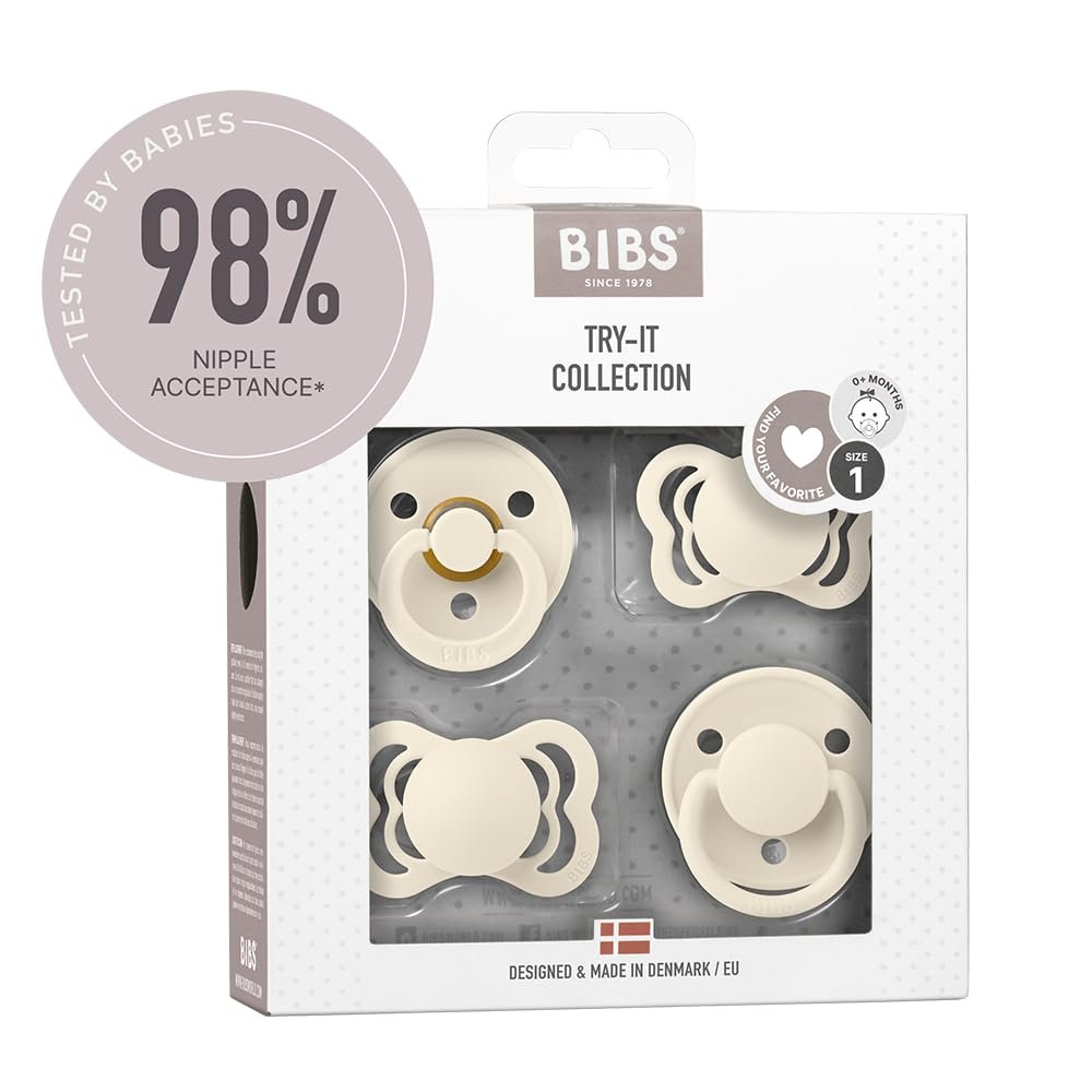 BIBS Try-It Collection | 4-Pack Soothers | BPA-Free Round, Anatomical & Symmetrical Nipple | Natural Rubber Latex/Silicone | Made in Denmark | 0-6 Months | Ivory