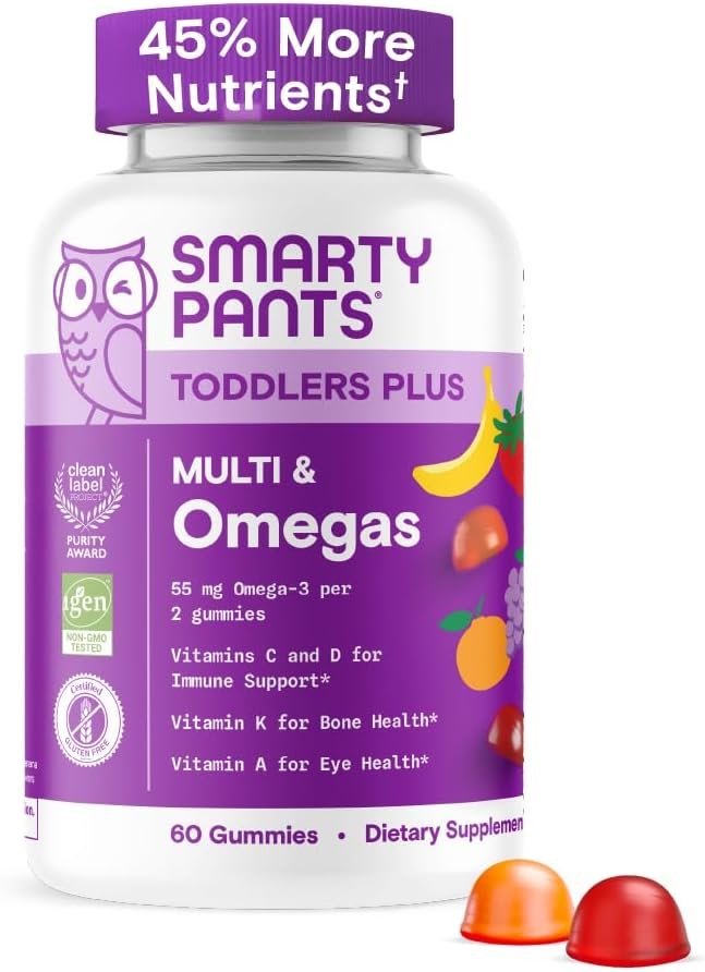 SmartyPants Toddler Multivitamin Gummies – Improved Formula: Omega 3 (DHA/EPA), Vitamins D3, C, Vitamin B12, B6, A, K & Zinc, Biotin, Gluten Free, Three Fruit Flavors, 60 Count (30 Day Supply)