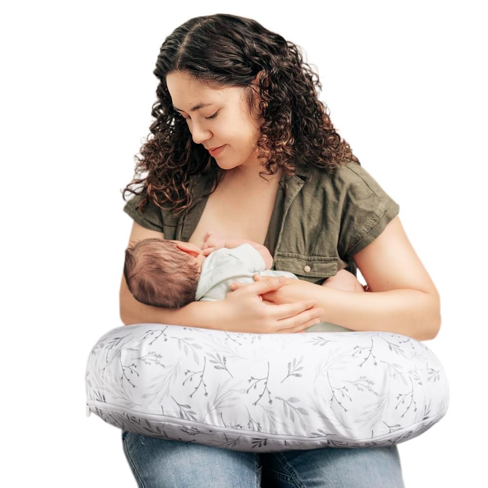 Boppy Nursing Pillow – Ergonomic Bottle & Breastfeeding Pillow with High, Firm, Large Area, Water-Repellent Cushion with Washable Cover; Baby Safety Alliance Verified – Gray Gentle Leaves