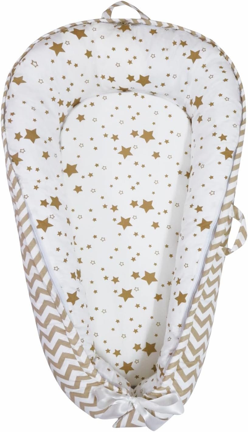 Aila + Aiden Baby Lounger | Organic Cotton Infant Lounger | Reversible, Adjustable & Portable Floor Lounger |Supervised Use | Soft, Breathable, Washable Cover – Star Collection (White/Tan)