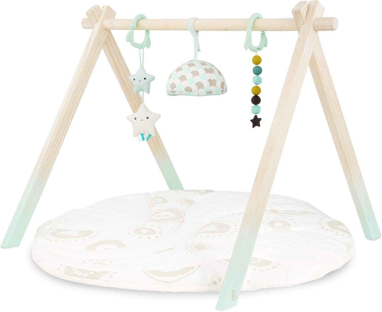B. toys – Wooden Baby Play Gym – Activity Mat – Starry Sky – 3 Hanging Sensory Toys – Natural Wood – Babies, Infants
