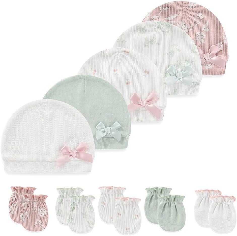 10 Pieces Newborn Baby Cotton Cap and Mitten Sets