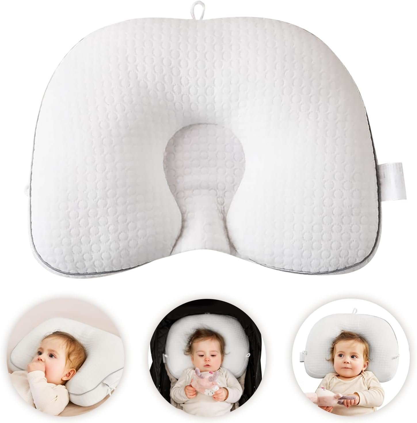 Baby Head Pillow Upgraded Flat Head Pillow, Baby Neck Support for Carseat Soft and Breathable Ergonomic Design, White