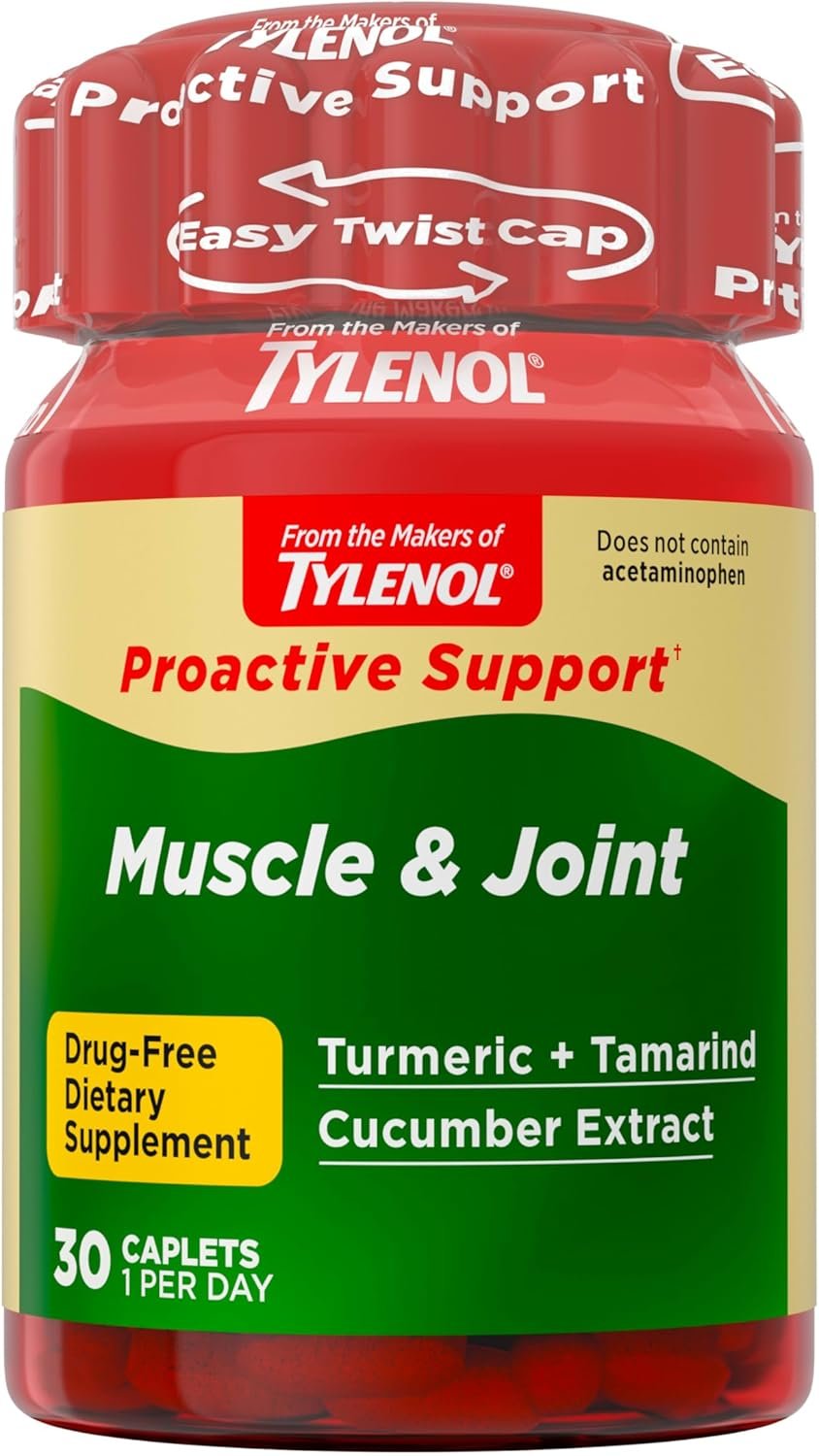 Tylenol Proactive Support* Muscle & Joint Supplement, Drug-Free Daily Turmeric Supplement + Tamarind + Cucumber Extract, Improves Joint Comfort & Flexibility in 5 Days*, 30 ct