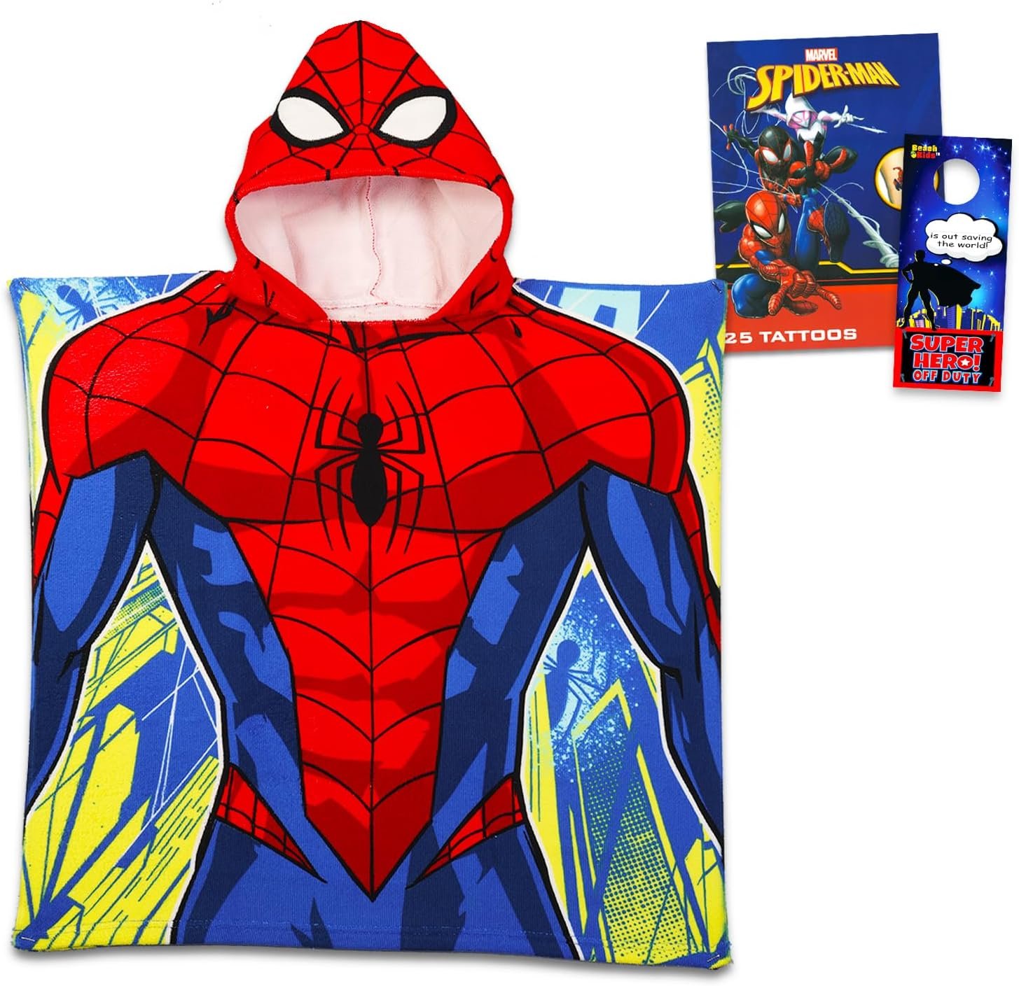 Spiderman Hooded Towel Set for Kids – Spiderman Bath Towel Poncho Bundle with Tattoos and More | Spiderman Bathroom Set for Boys, Girls