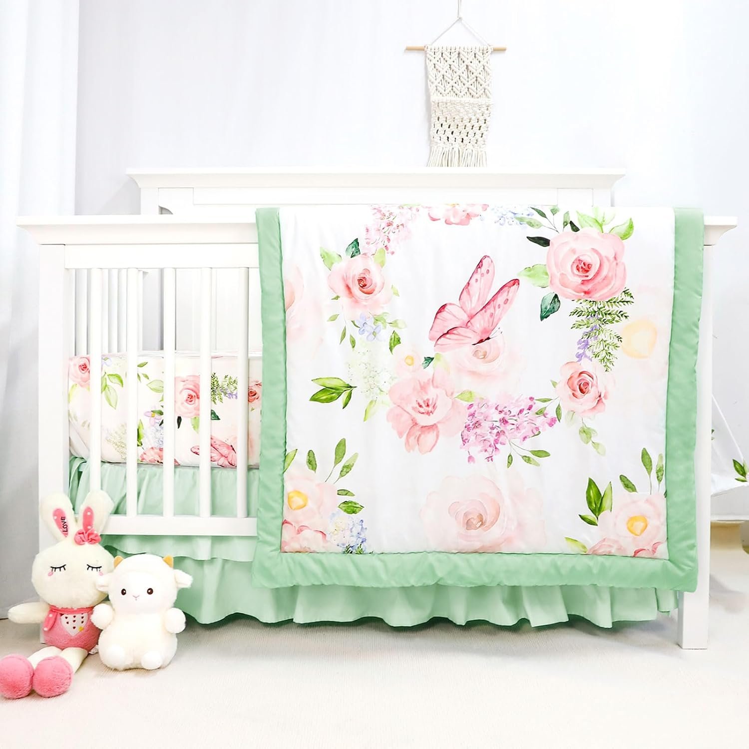 4-Piece Crib Bedding Set, Baby Girl Crib Bedding Set Butterflies Floral Nursery Bedding Set Includes Comforter, Fitted Crib Sheet, Crib Skirt, and Diaper Stacker, Green & Pink