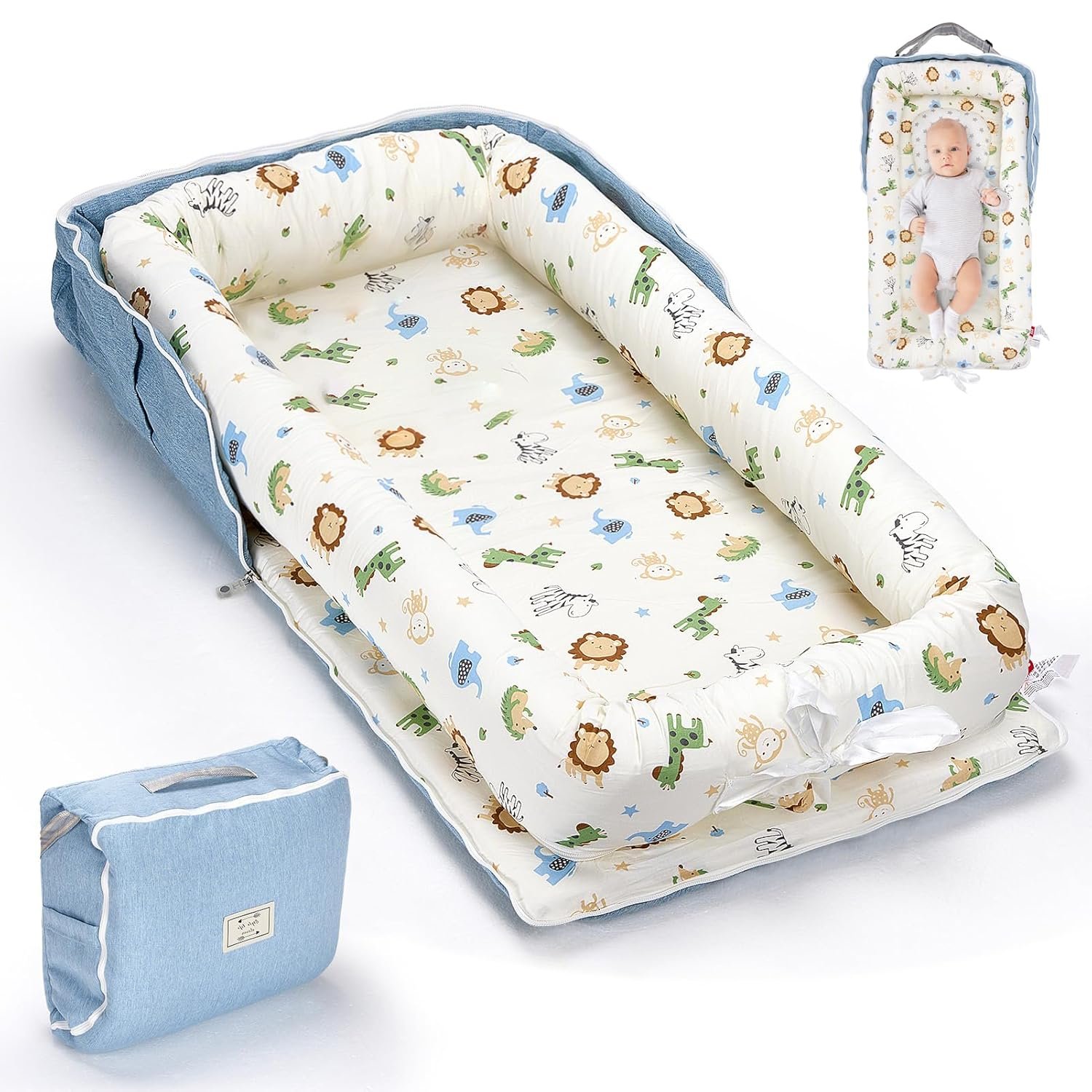 Baby Lounger for Newborn, Portable Breathable Infant Lounger for 0-24 Months Toddler, Adjustable Size Home Travel Dual-Purpose Baby Nest (Animal Blue)