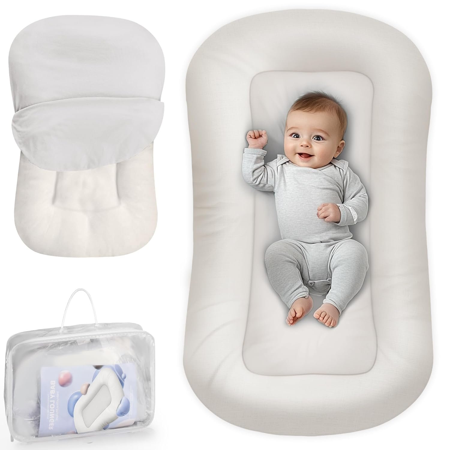 Baby Lounger – Baby Lounger for Newborn, 0-24 Months, Infant Lounger for Home and Travel, Soft Cotton, Baby Nest Lounger, Newborn Babies Essentials Gifts, White (Lounger Cover Included)