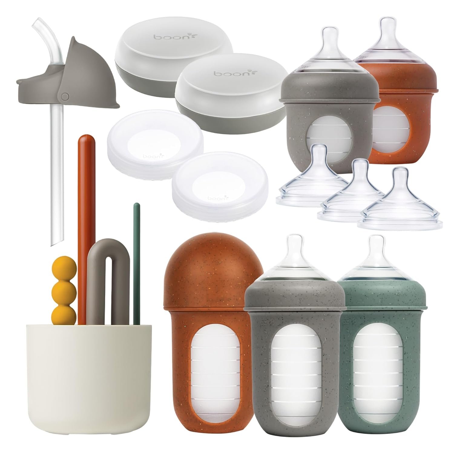 Boon Nursh Baby Bottle Gift Set – Baby Feeding Essentials for New Moms – Includes 4 Oz and 8 Oz Baby Bottles, Storage Lids, Fast Flow Nipples, Storage Buns, Straw Lid, and Mod Baby Bottle Brush Set