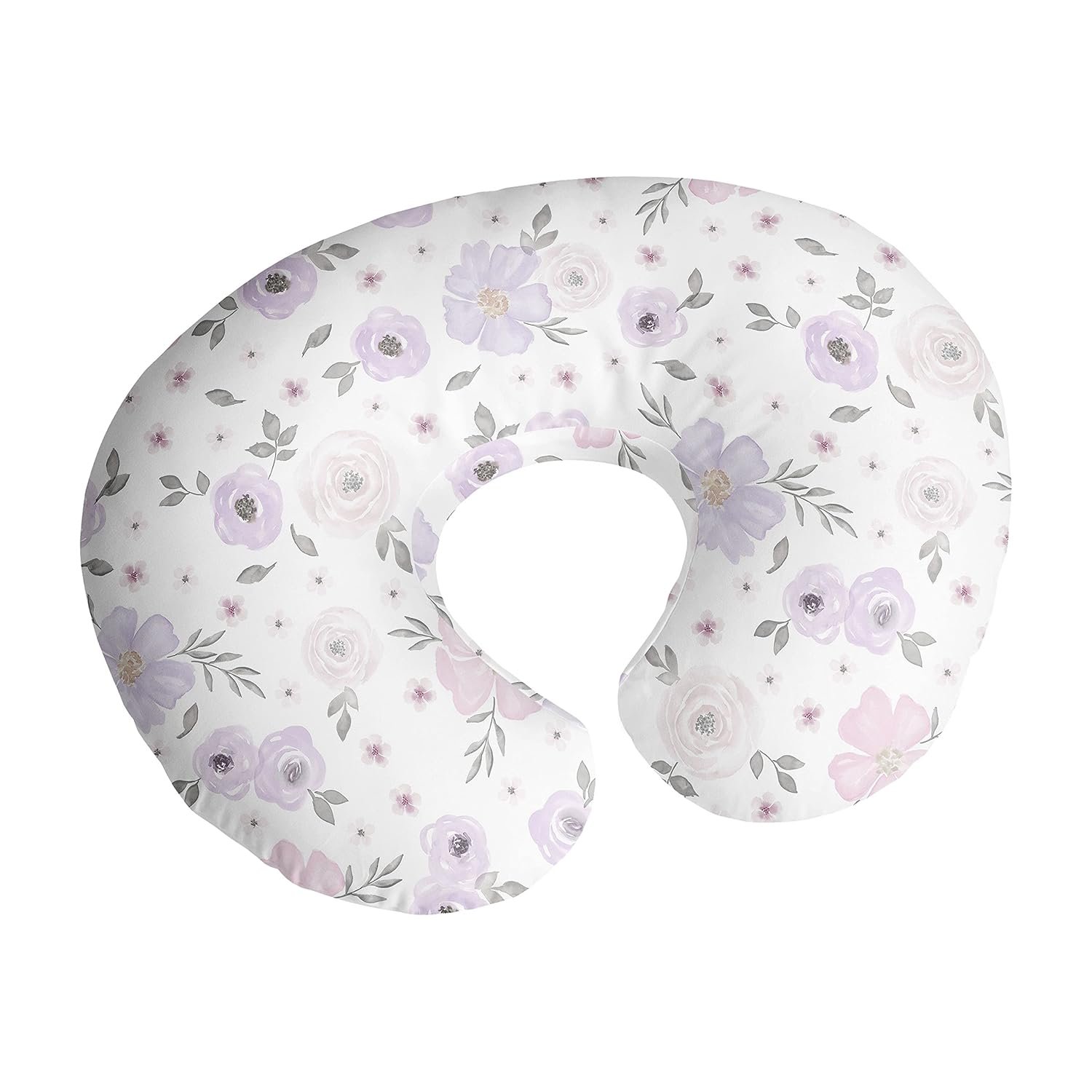 Sweet Jojo Designs Watercolor Floral Nursing Pillow Cover Breastfeeding Pillowcase for Newborn Infant Bottle Breast Feeding Pillow NOT Included Lavender Purple Pink Grey Boho Shabby Chic Rose Flower