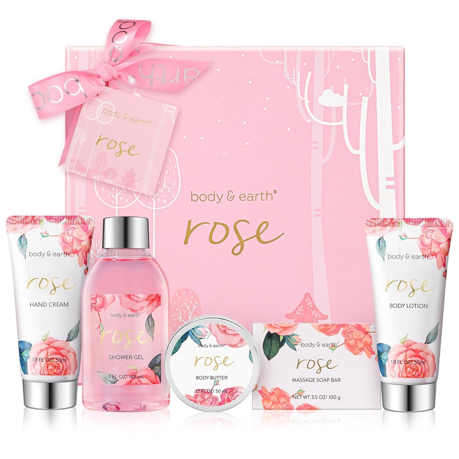 BODY & EARTH Spa Gift Set for Women – Luxurious 5 Pcs Bath and Body Gift Sets with Rose Scent, Spa Gift Box, Bath Set Includes Body Wash, Body Butter, Body Lotion and More, Birthday Gifts for Women