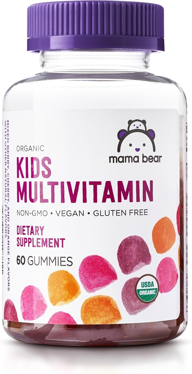 Amazon Brand – Mama Bear Organic Kids Multivitamin, 60 Gummies, 1 Month Supply (Packaging May Vary), Berry, Cherry & Orange