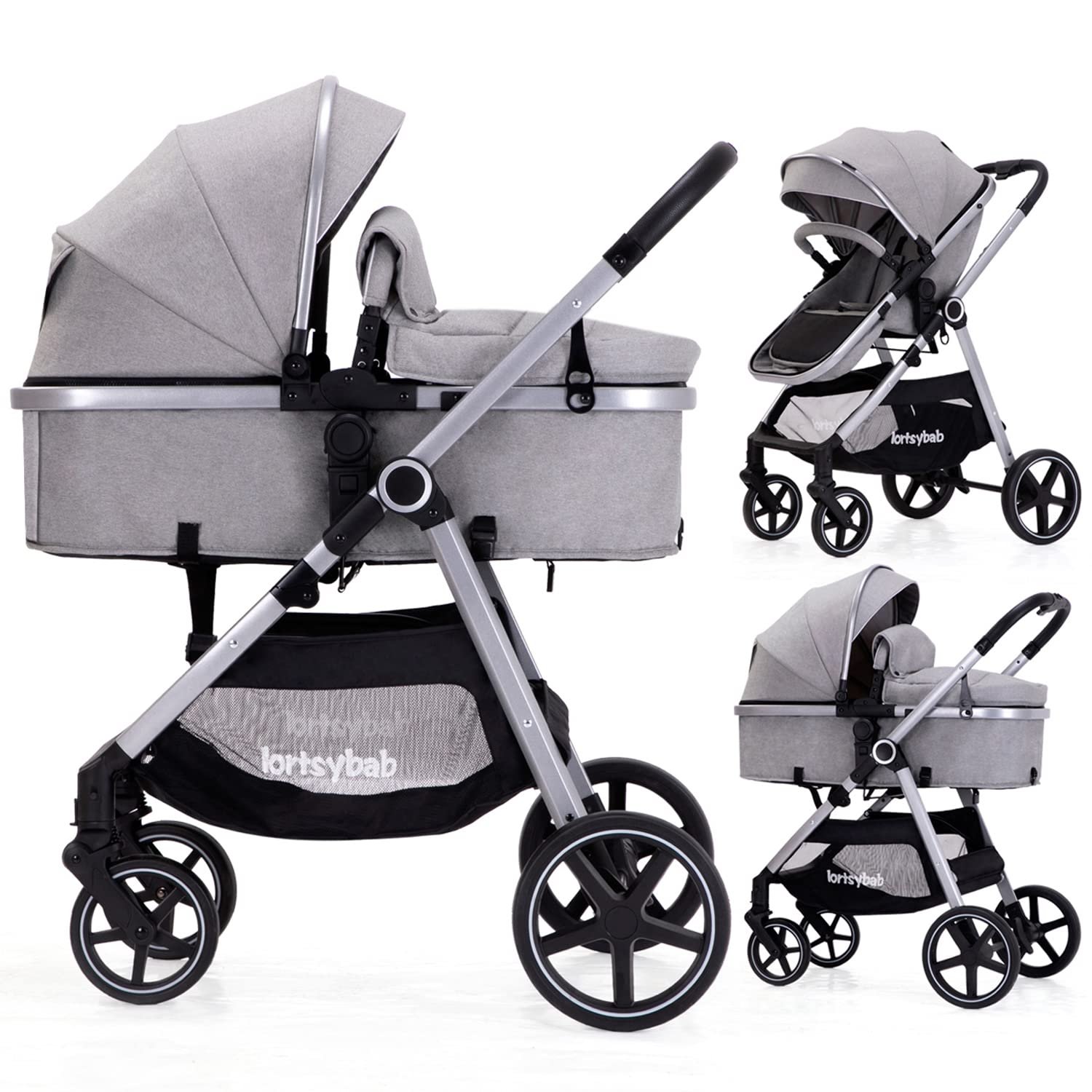 2-in-1 Baby Stroller – Folding Infant Newborn Pram Stroller with Reversible Seat – Toddler Strollers for 0-36 Months Old Babies (Grey)