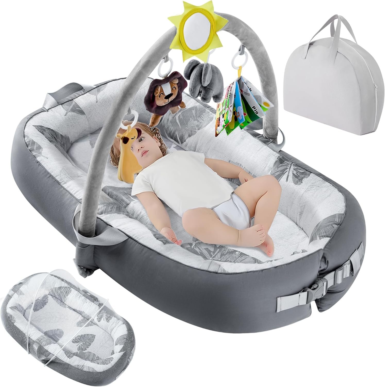 Portable Baby Lounger for Travel,Breathable & Comfortable 100% Cotton Infant Lounger, Baby Nest 0-24 Months Machine-Washable Newborn Lounger,Newborn Essentials (Gray, Baby Lounger with Toys)