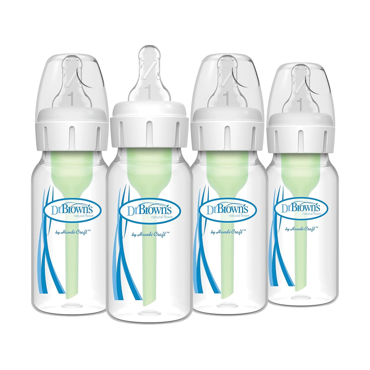 Dr. Brown’s Natural Flow Anti-Colic Options+ Narrow Baby Bottle, 4 oz/120 mL, with Level 1 Slow Flow Nipple, 0m+, 4 Bottles