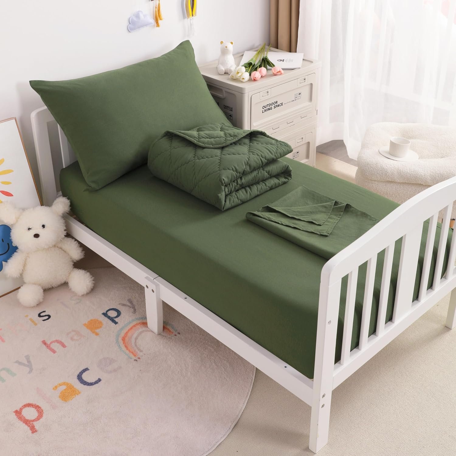 NTBAY Toddler Bedding Set – 4 Piece Soft and Breathable Crib Bedding Set for Boys and Girls, Includes Quilted Comforter, Fitted Sheet, Flat Top Sheet and Envelope Pillowcase, Olive Green